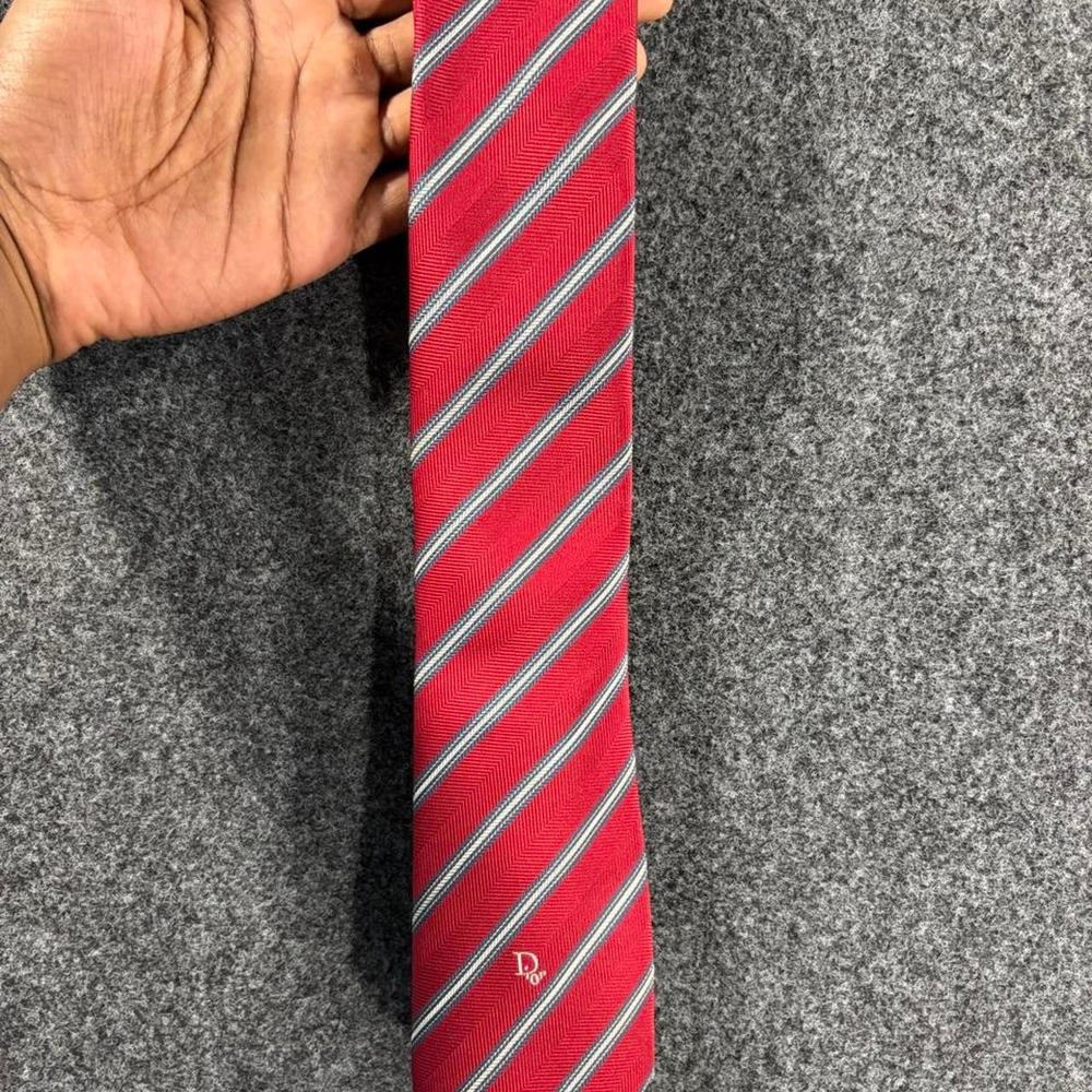 Christian Dior Mens Red Silk Blend Diagonal Striped Necktie Blue White Vintage